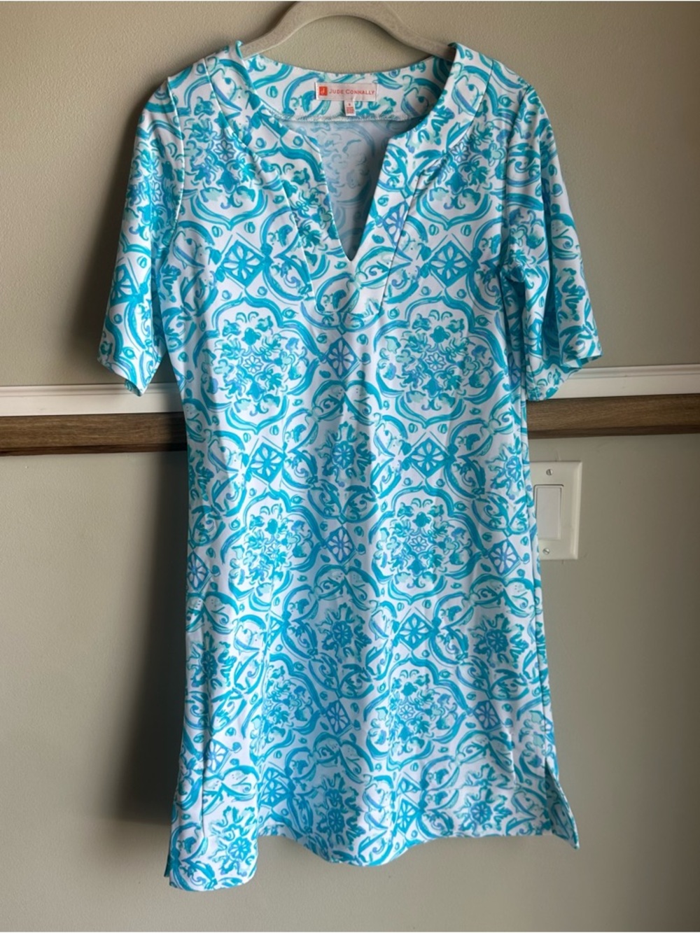 Jude Connally Megan Dress Painted Tile Aqua Blue White Pockets